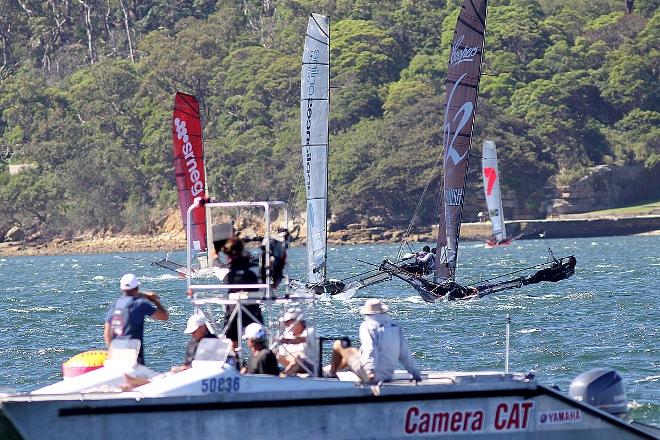 Camera Cat video team watch the leaders - 2015 JJ Giltinan 18ft Skiff Championship © Frank Quealey /Australian 18 Footers League http://www.18footers.com.au